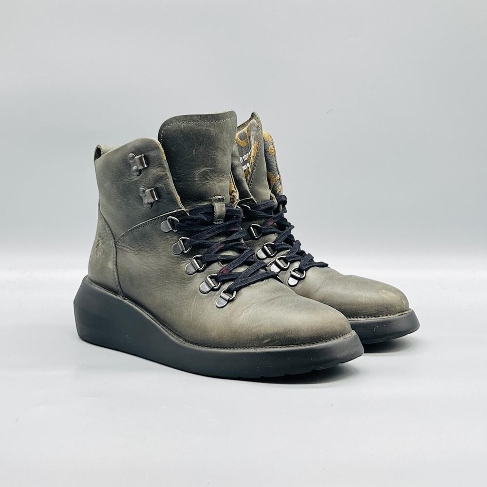 FLY London Boots Womens 7 Green Leather Platform Wedge Ankle Lace Up Shoes - Picture 5 of 11